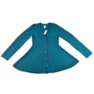 Maeve Anthropologie Peplum Cardigan Sweater Turquoise Ribbed Wool Large NEW